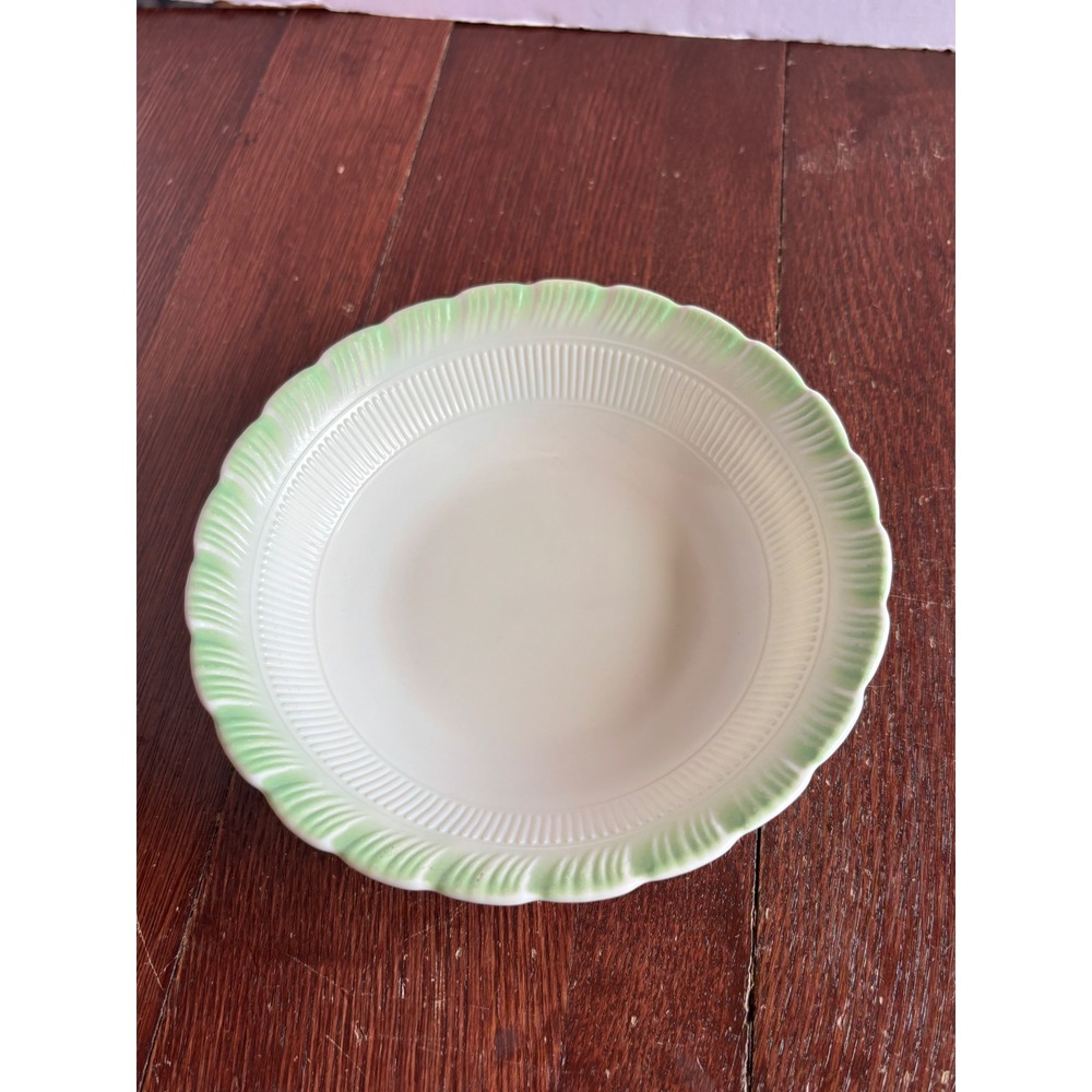 Vintage Milk Glass Scalloped Bowl Green Trim Ribbed Made in USA 8 inch